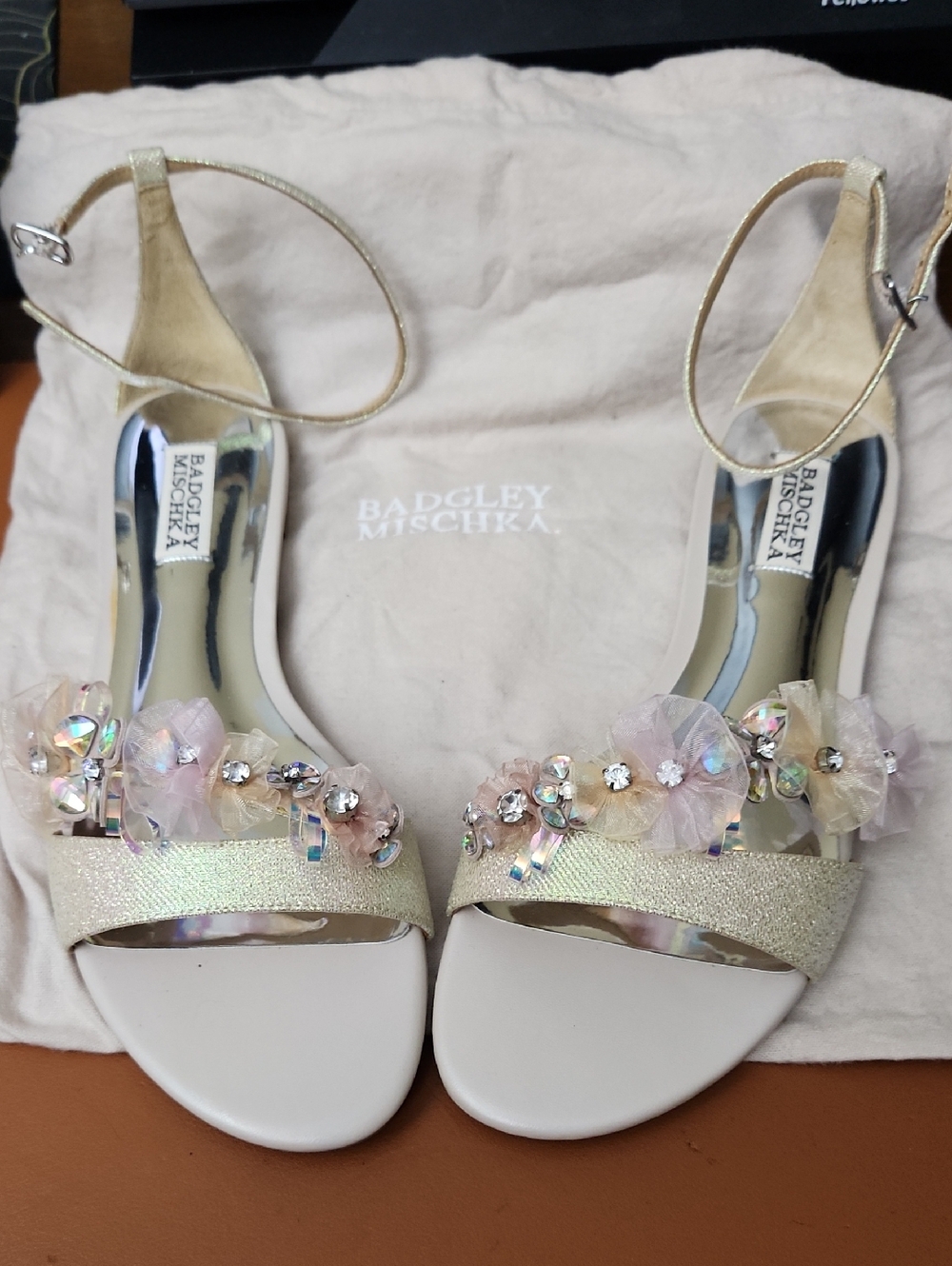 Badgley Mischka Gold and Pink Floral Crystal Embellished Flats